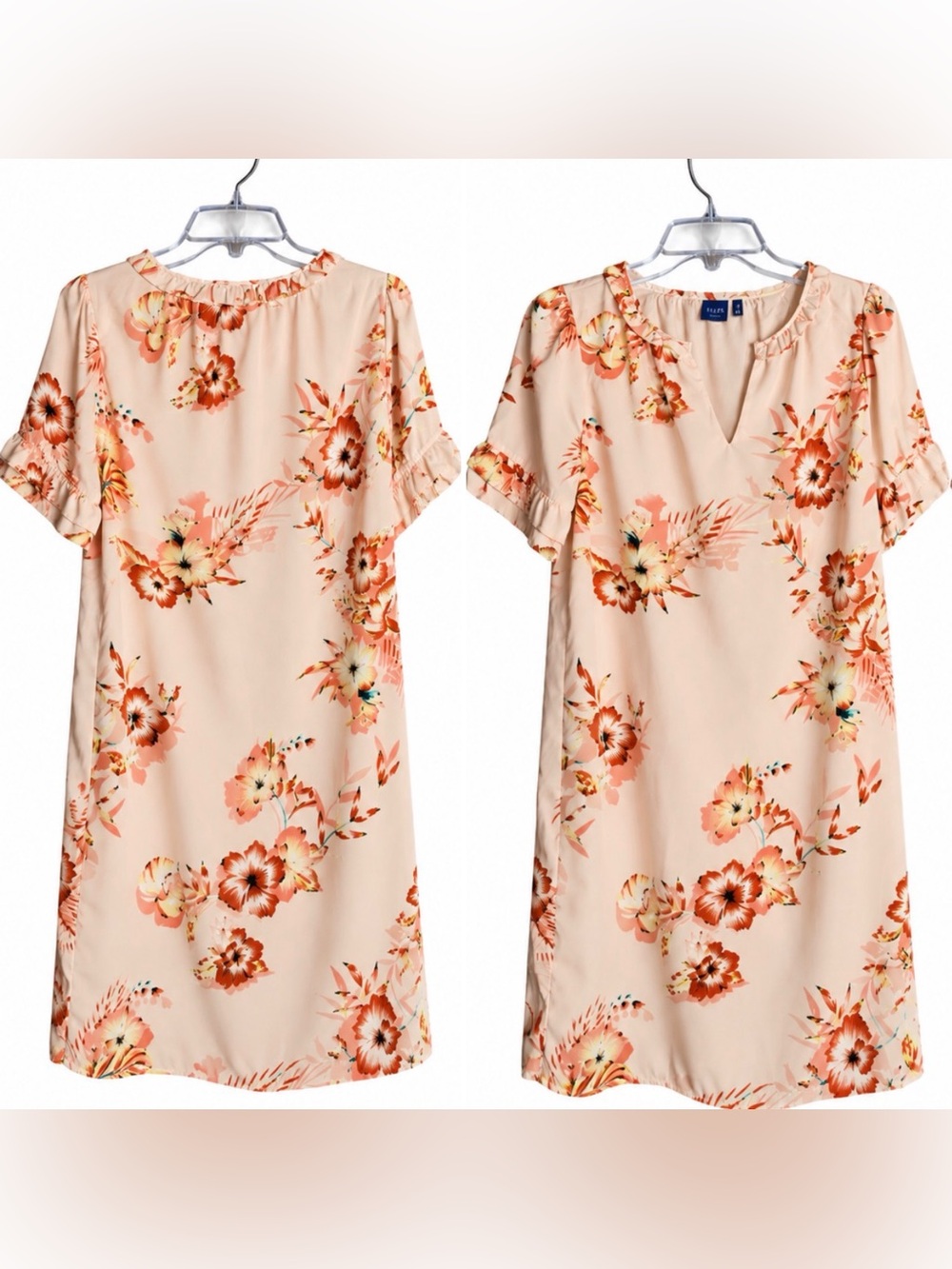 Kaari Blue Floral Knee Length Shift Dress Small Peach Coral Ruffle Sleeve